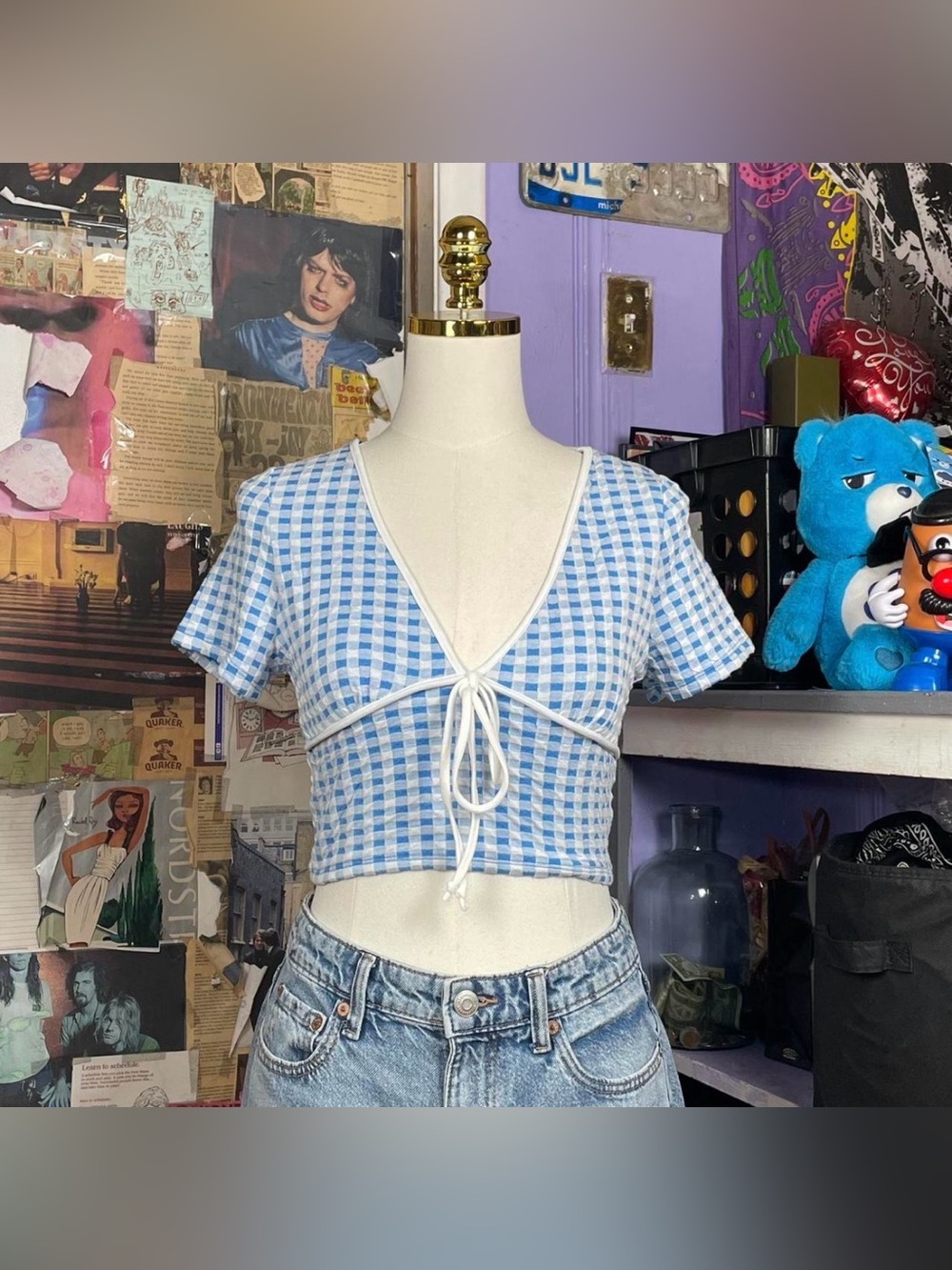Blue Gingham Tie-Front Crop Top